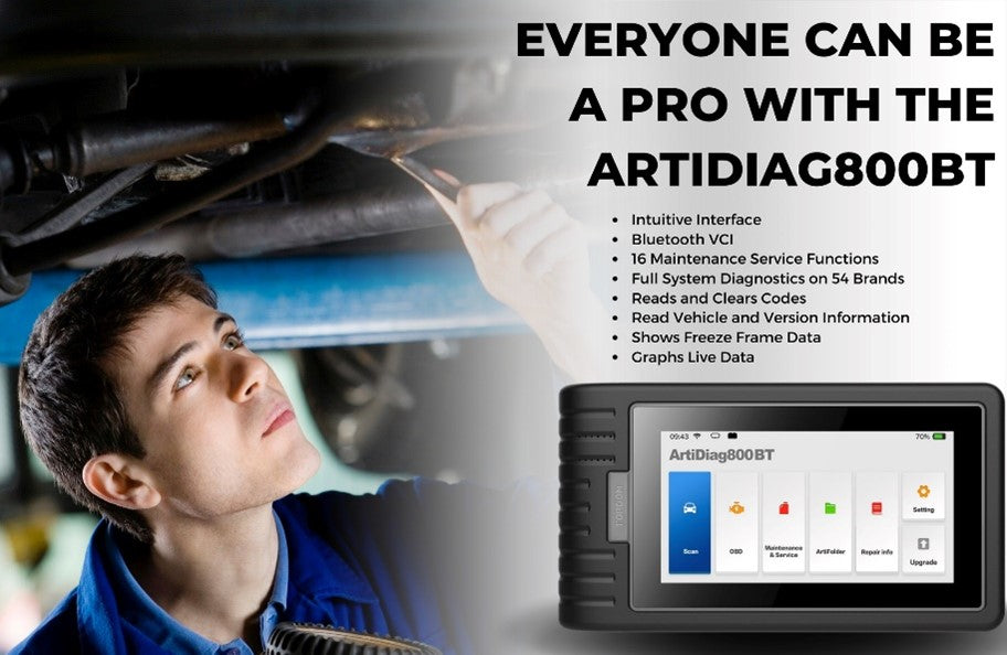 TOPDON ArtiDiag800 BT Scan Tool Image Showing Benefits. VCI. Service Functions. Full System Diagnostics. Code Clearing. Freeze Frame Data. 