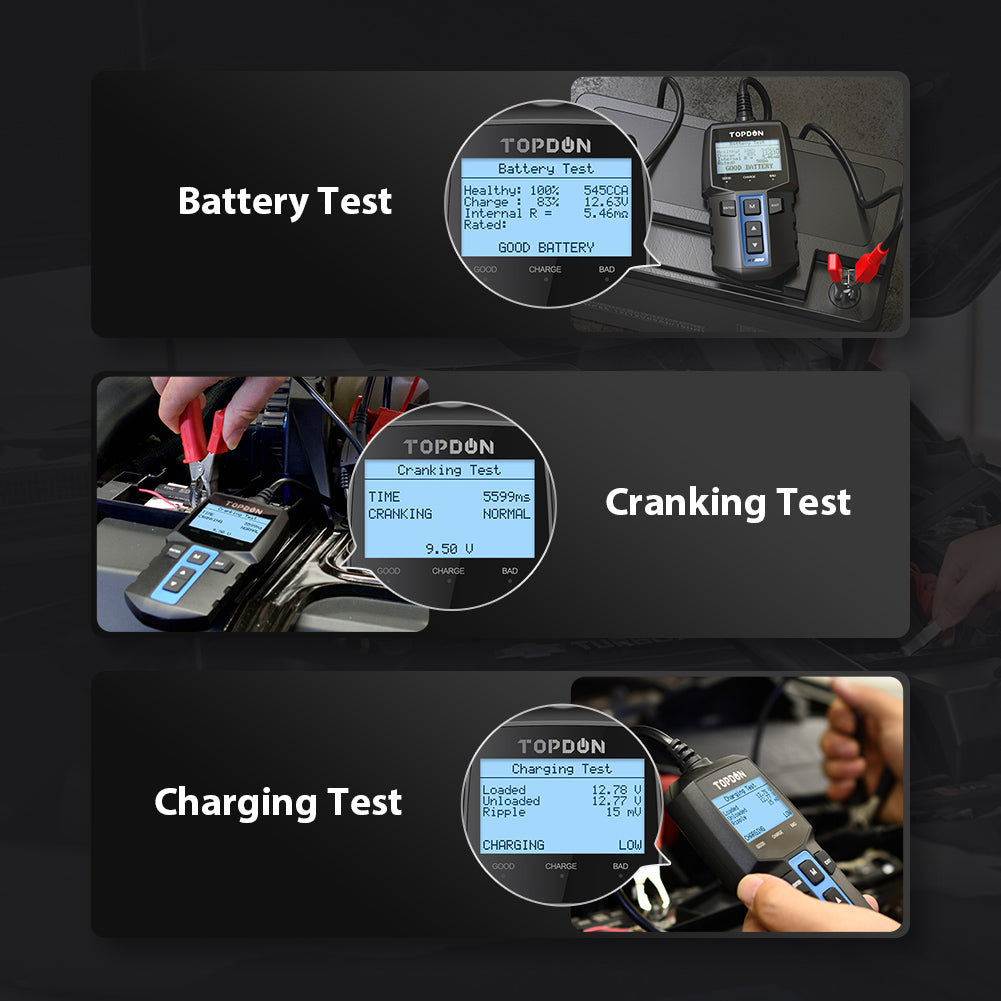 TOPDON Tester batteria auto BT100, 12 V 100-2000 CCA Tester Batterie  sistema di ricarica, analizzatore