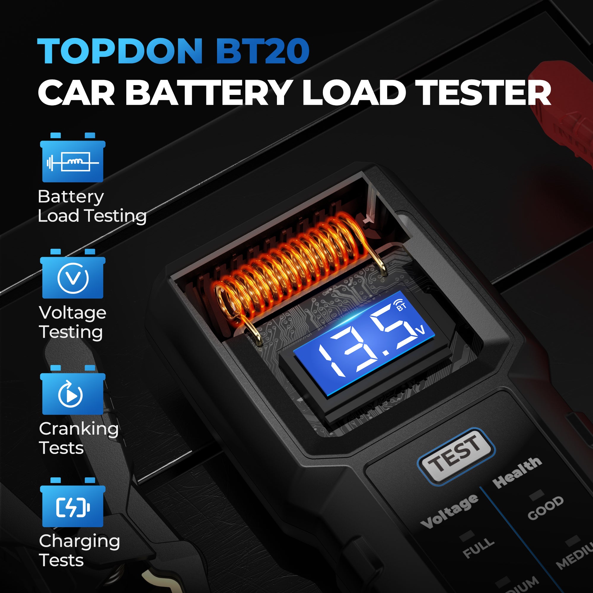 TOPDON Comprobador de baterias de coche BT20, 12v comprobador de pilas para  coche, prueba de tensión prueba de arranque y prueba de carga en la  aplicación, adecuada para automóviles, camiones, etc. 