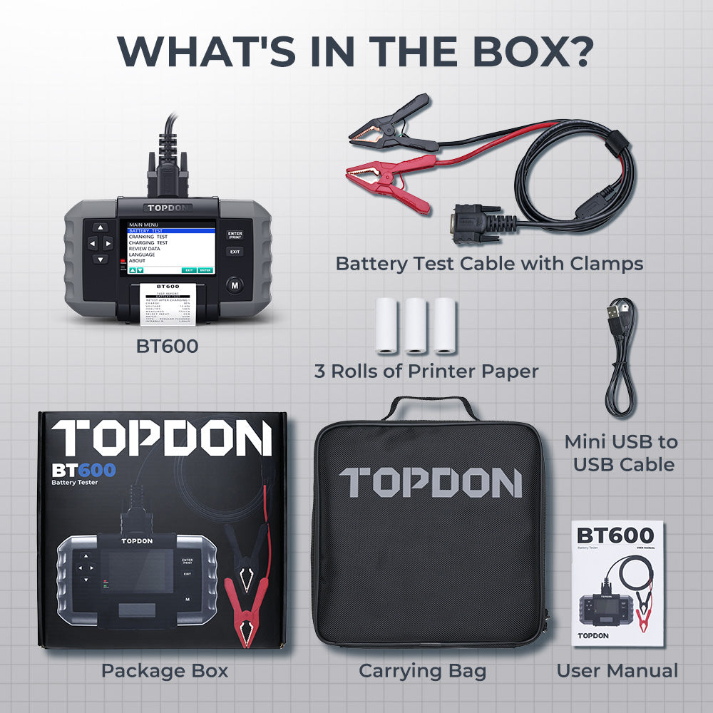 TOPDON Testeur de batterie BT600, 12V 24V Testeur Batterie Voiture kfz avec  imprimante 100 à 2000 CCA écran couleur de 3,5 pouces câble de 5,9 pieds,  mini USB pour les mises à